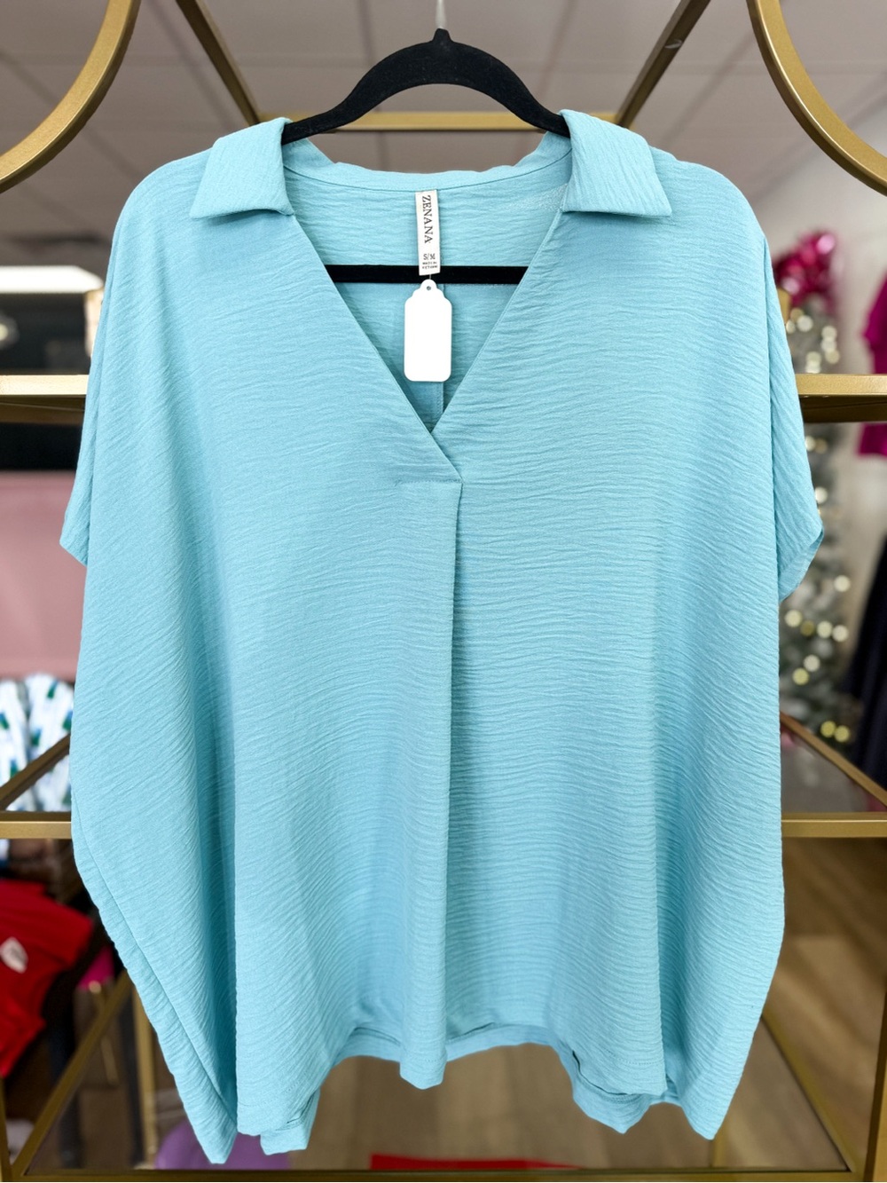 Zenana Outfitters Aqua Collared V-Neck Dolman Top